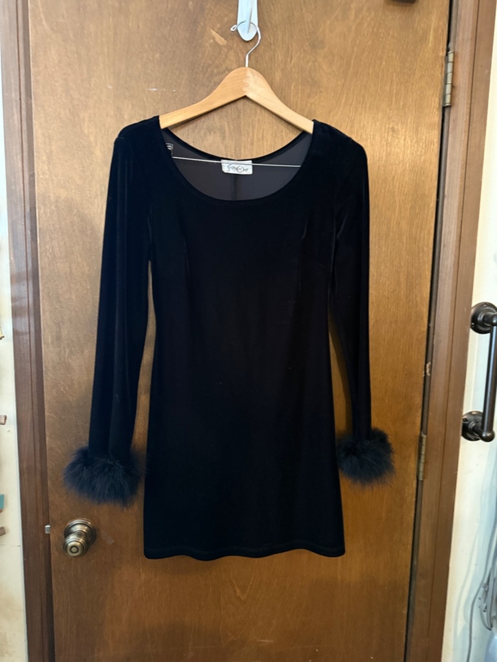 Steppin' Out Black Velvet Long Sleeve Mini Dress with Feather Cuffs